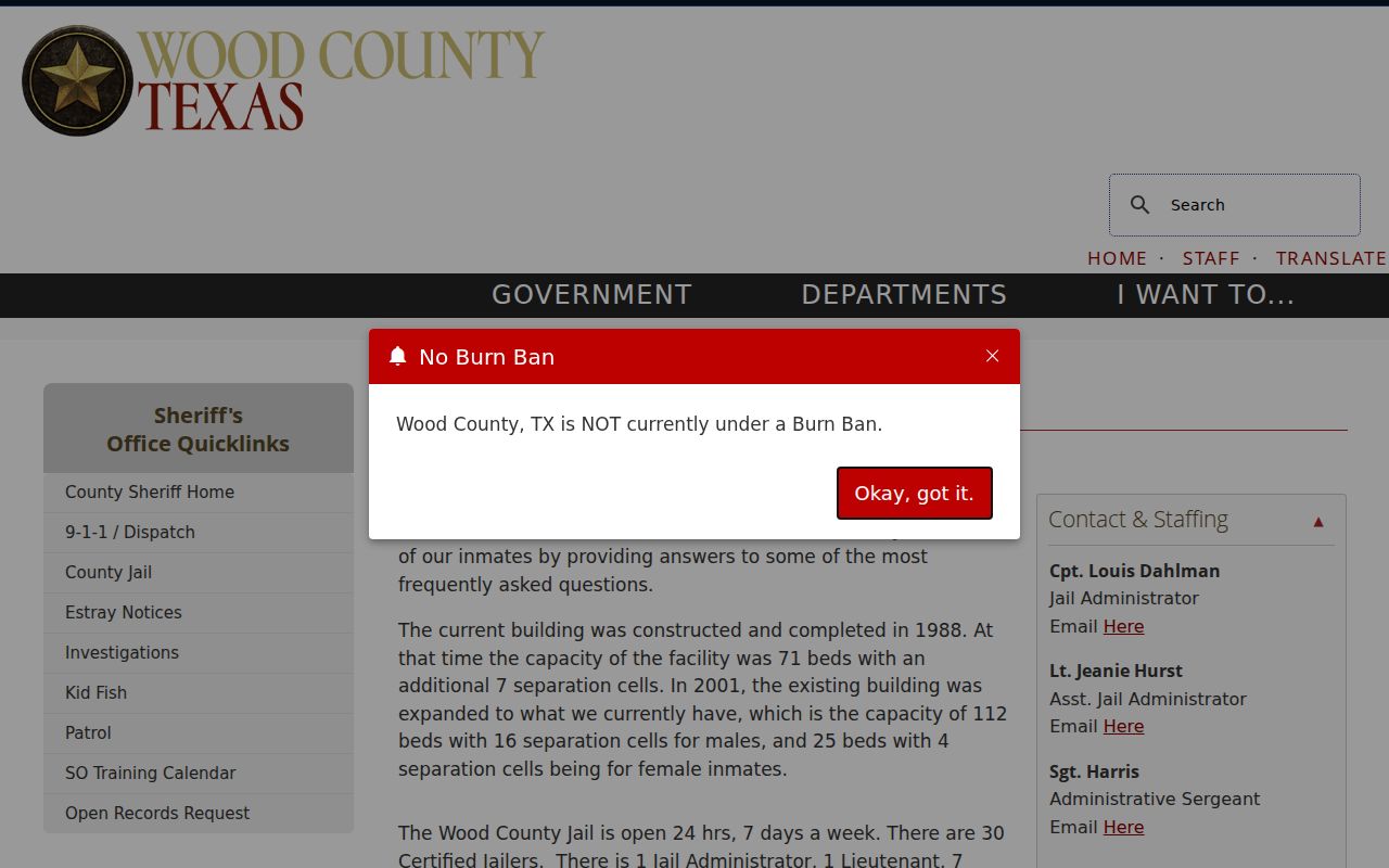 Wood County Jail information for arrest and booking records