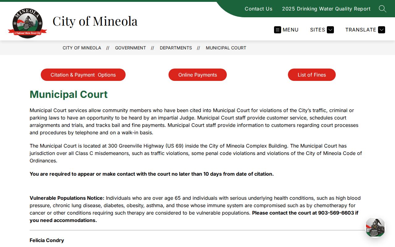 Mineola criminal records and Municipal Court information at the city complex