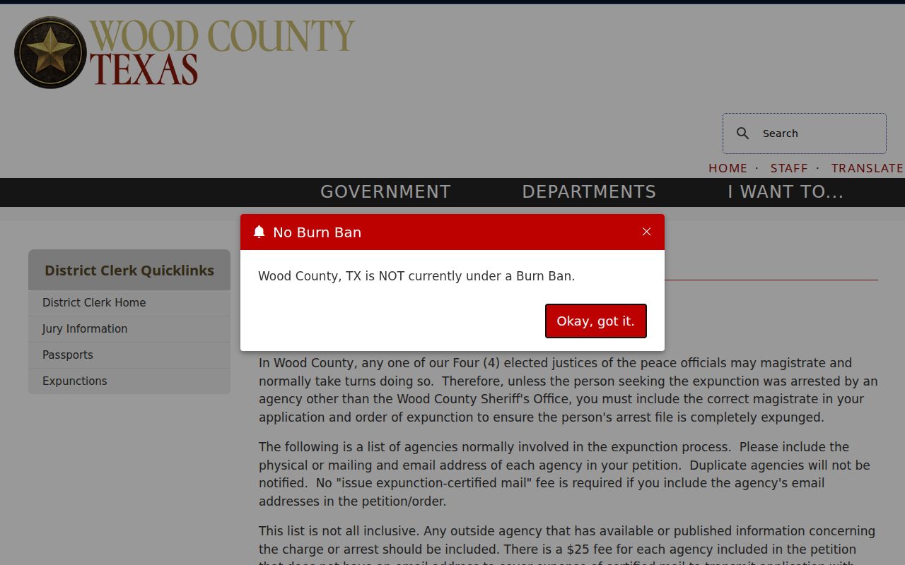Wood County criminal court case expunction agency instructions