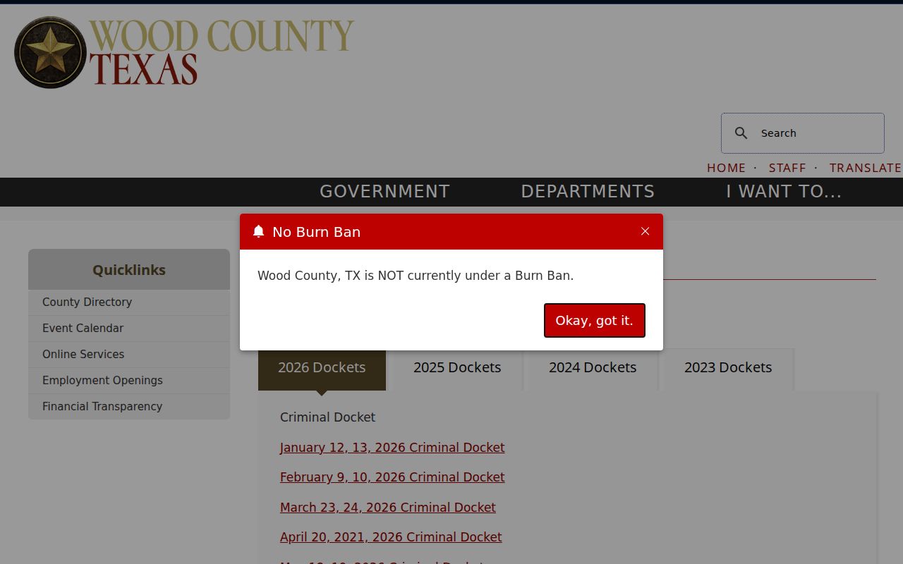 Wood County criminal court case docket page
