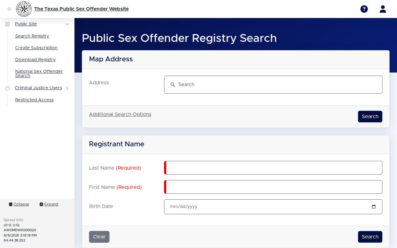 Wood County sex offender search fields on the Texas DPS registry